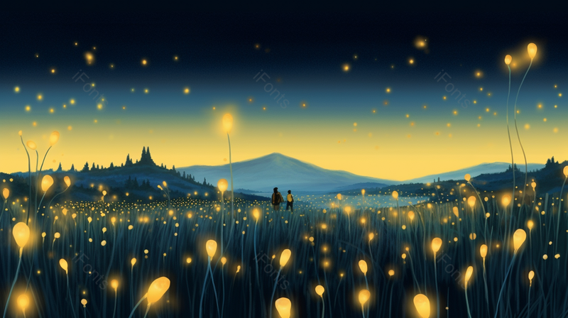 大暑,草坪萤火虫夜空远山,插画/手绘图,插画/手绘图库,插画/手绘图下载,插画/手绘